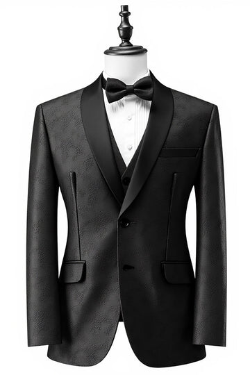 Traje de fiesta de 3 piezas con solapa de chal negro para hombre